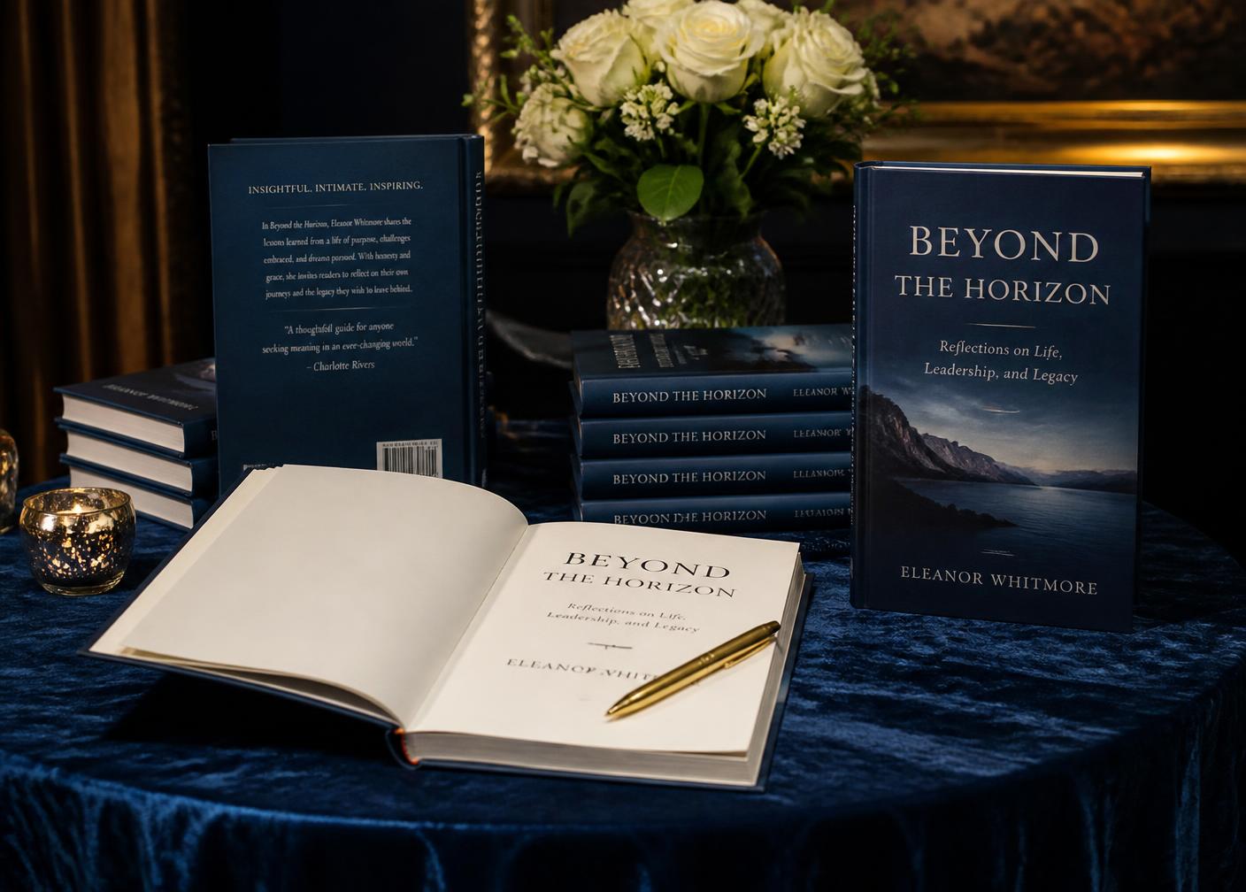 An author's signing table with hardcover books and a gold pen on sapphire velvet