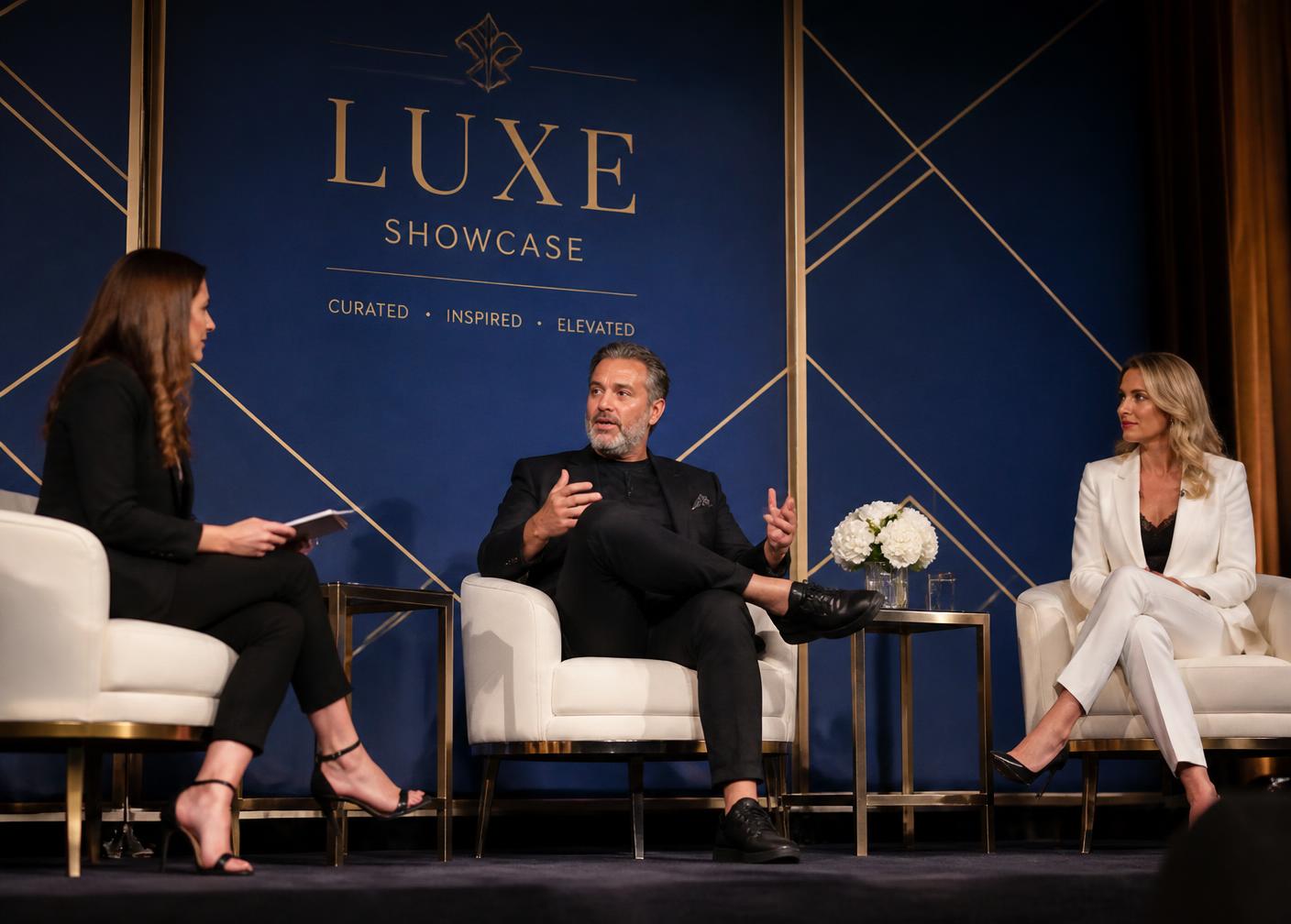 A curated panel discussion on a sapphire and gold stage